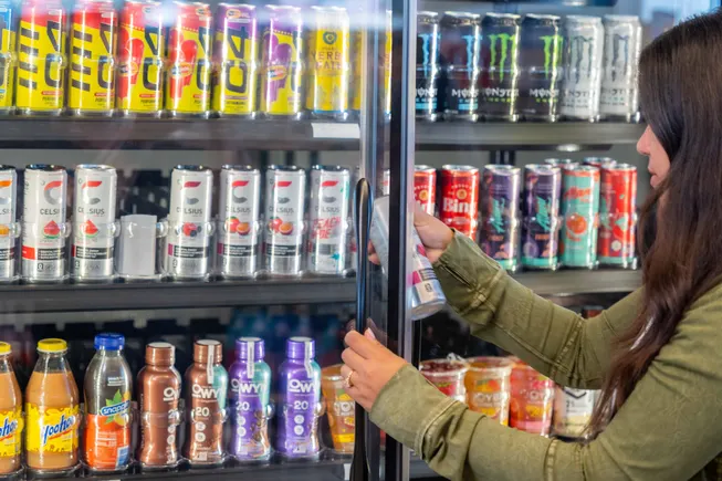 Energy drinks on retail shelf