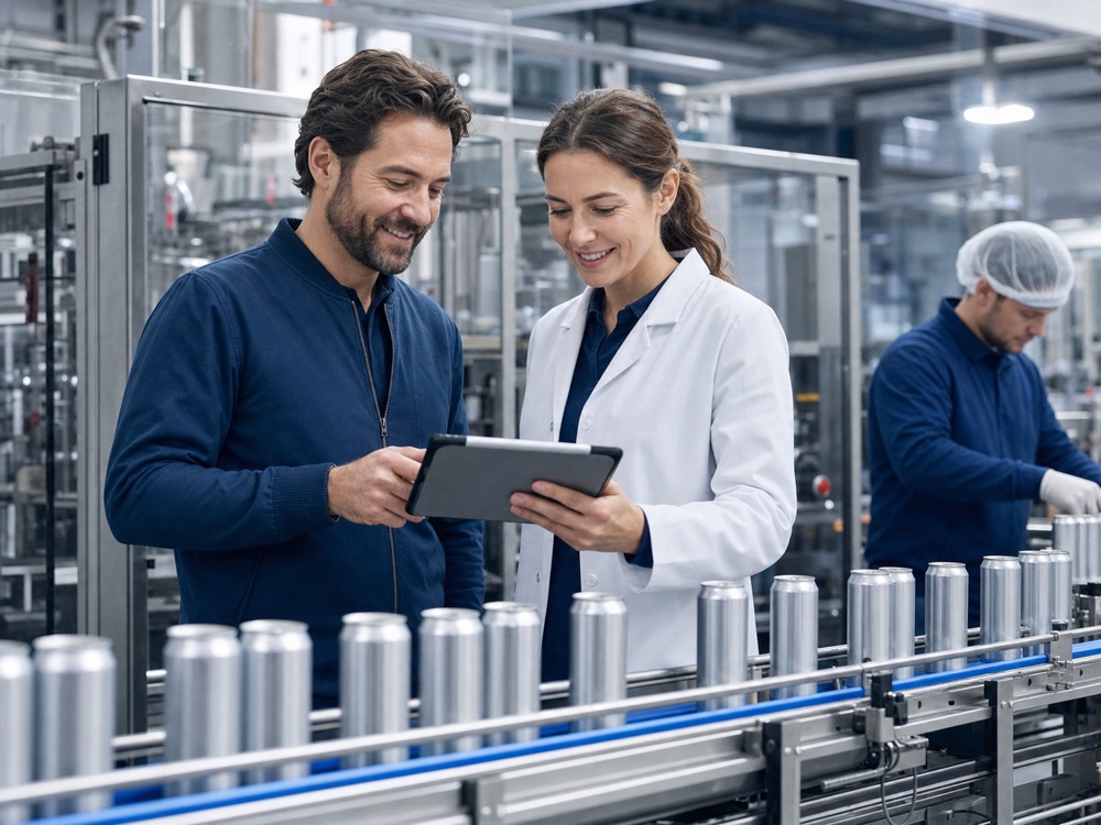 Production specialists reviewing a beverage manufacturing handoff