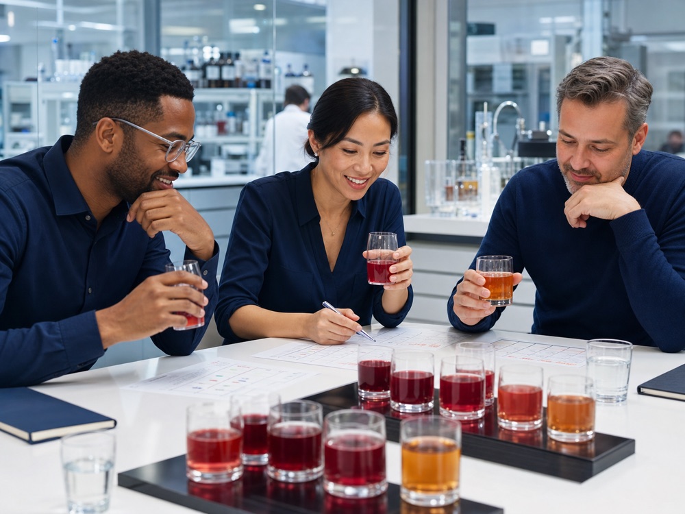 Beverage team validating specifications and quality requirements