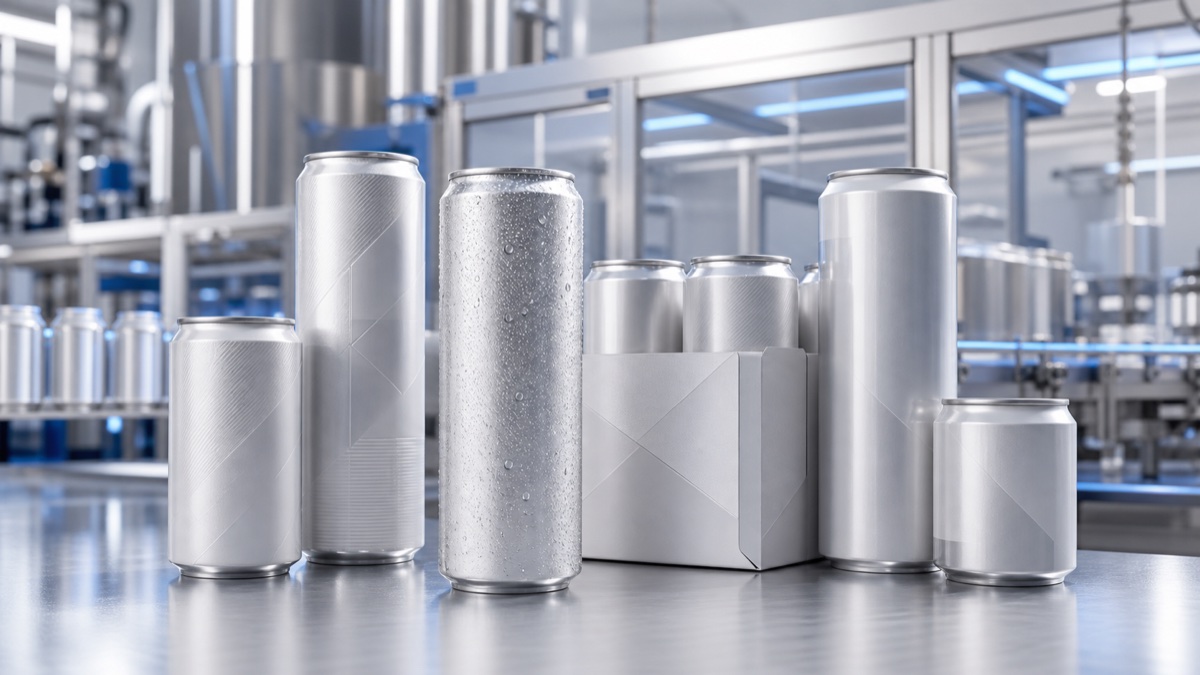 A lineup of cans prepared for a private label beverage production program